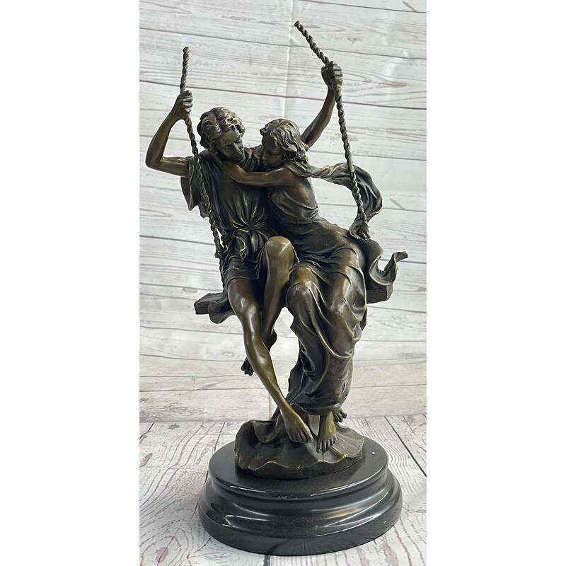 Romantic Lovers Couple Man Woman On Swing Bronze Figure Statue Sculpture Marble Base 14 Inches X 7.5 Inches
