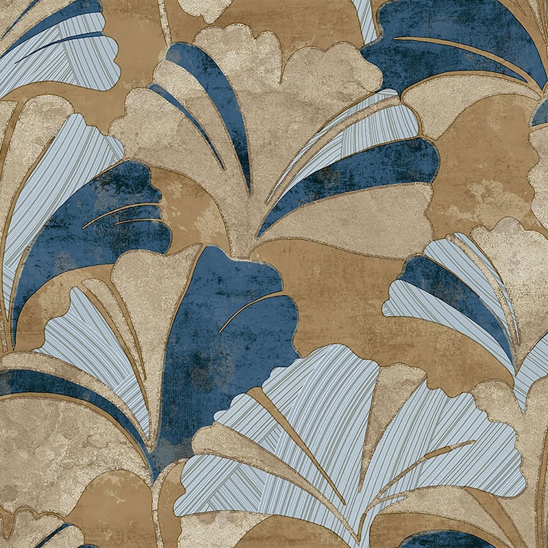 Galerie Wallcoverings Stratum Collection Ginko Leaf Vinyl on Non-woven Metallic Wallpaper Roll Double Width - 33-feet long x 42-inches wide - Blue/Gold