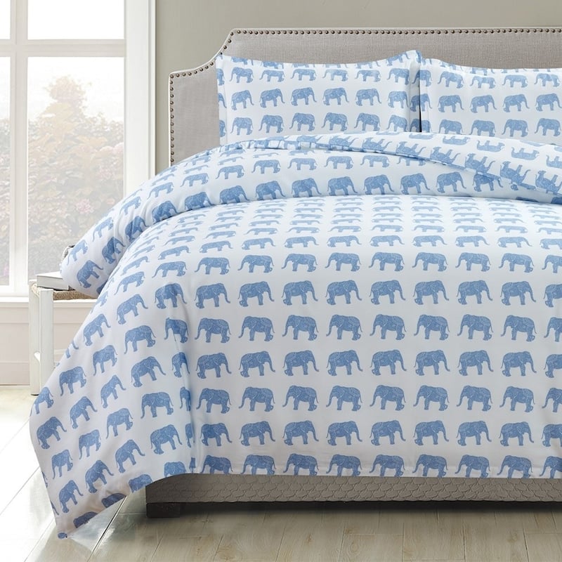 Printed Design Cotton Collection 400 Thread Count Light Blue Elephants Duvet Set