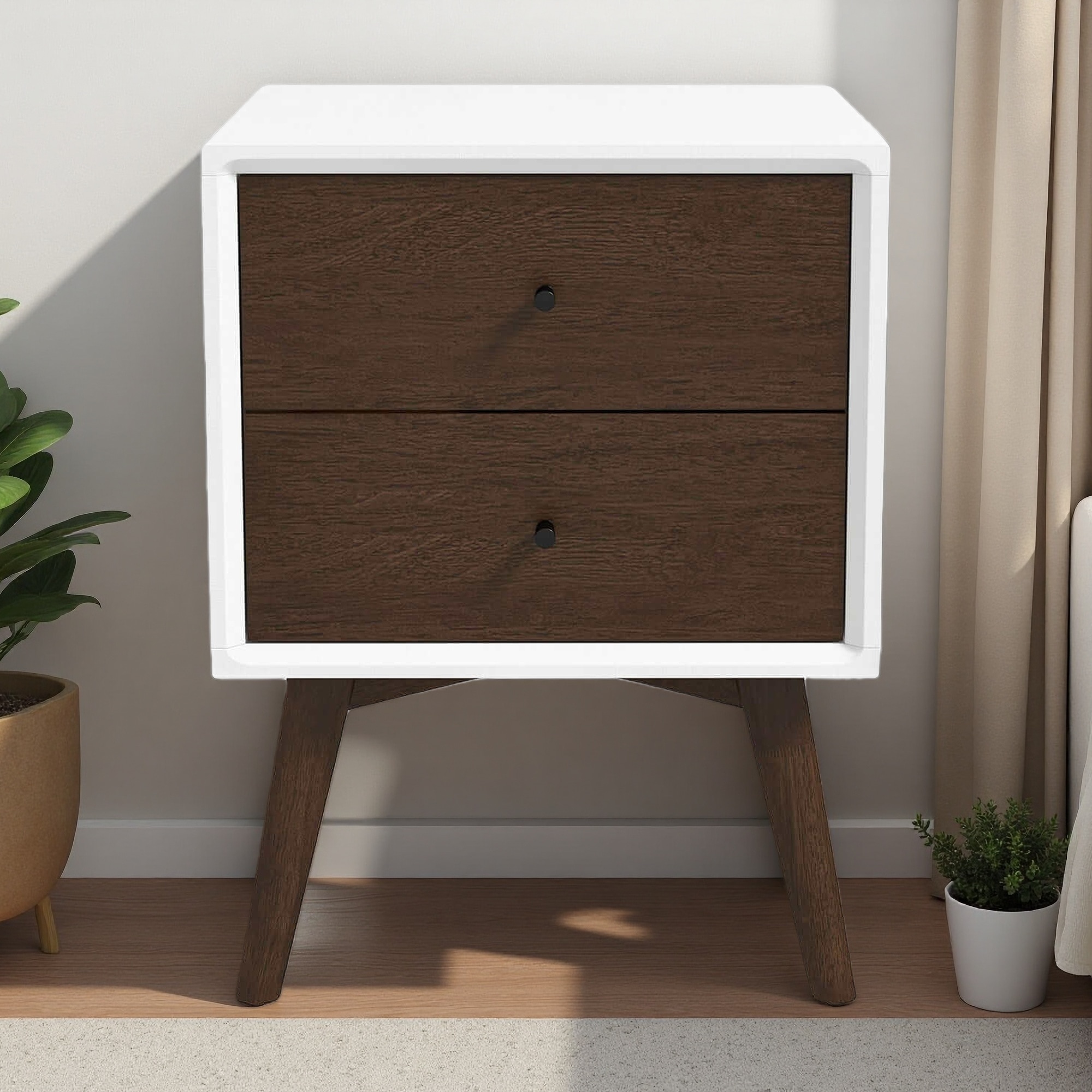 17.7"L Solid Wood Mid-Century Modern 2-Drawer Nightstand with Beveled Edges & Decorative Knobs for Bedroom & Entryway