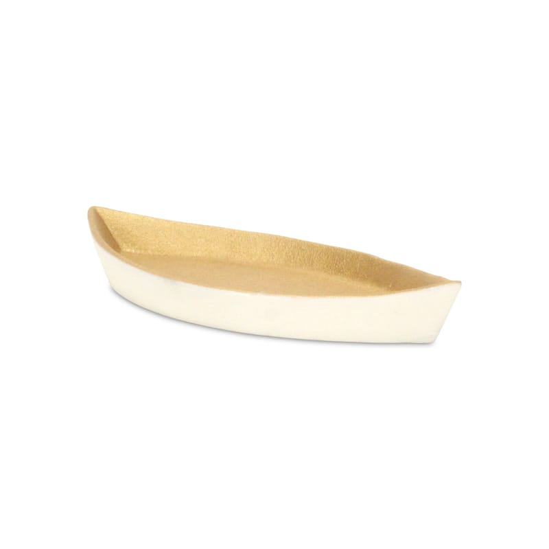 HomeRoots 10" Gold And Off White Cast Iron Oval Boat Shaped Tray - 9.75 in. x 1.25 in. x 4.25 in.