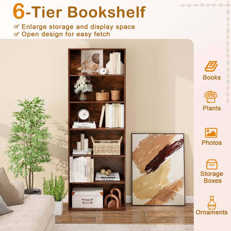 Costway 70" Tall 6-Tier Bookcase with 6 Open Shelves Anti-Toppling - See Details