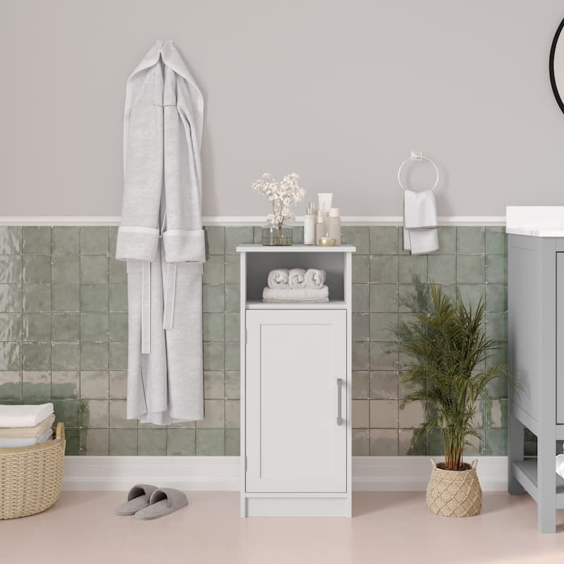 Floor Cabinet Storage Organizer with Magnetic Closure Door and Shelves - White