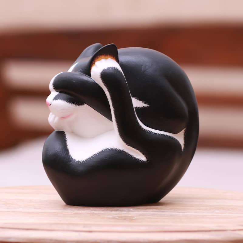 Novica Handmade Black And White Yogi Cat Wood Sculpture
