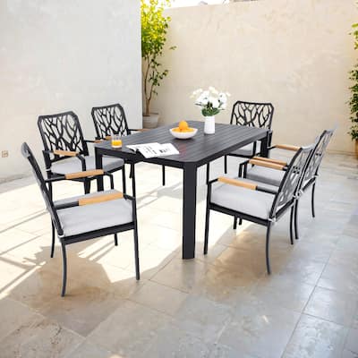 7PC Outdoor Patio Aluminum Furniture Set, Modern Dining Set with 6 Dining Chairs Sunbrella Fabric Cushioned