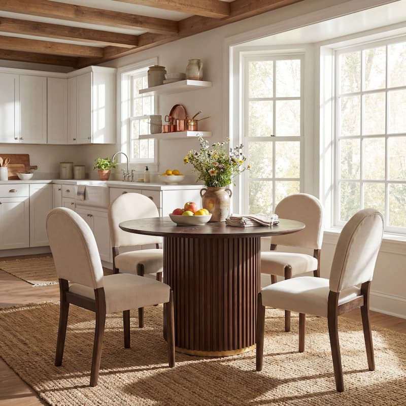 Christopher Knight Home - Wooden 5 Piece Dining Set with Upholstered Chairs - 4 chairs + 1 table - Beige,Walnut