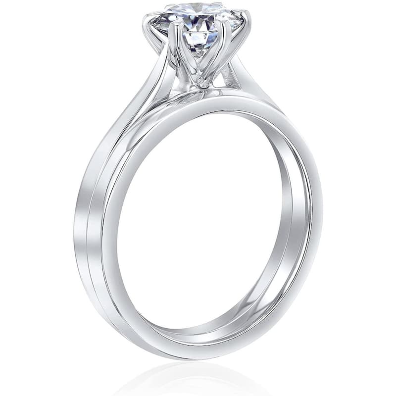 Kobelli 1 Carat Lab Grown Diamond Certified 14k Solid Gold Round Solitaire 6-Prong Tower Taper Tokyo 2pc Bridal Set (FG/SI)