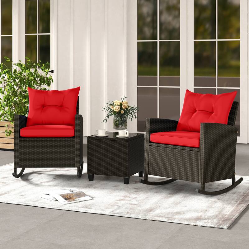 3-Pieces Patio Rattan Roker Chairs with Tufted Soft Cushions and Square Tempered Glass Table - 31.5" x 26" x 31.5"