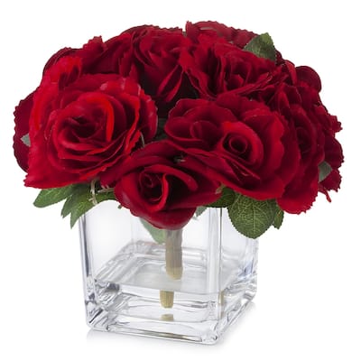 Enova Home Artificial Velvet Fake Roses Silk Flowers Arrangement in Cube Glass Vase with Faux Water for Home Decoration