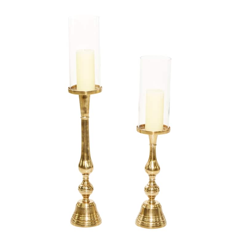 Aluminum Metal Hurricane Lamp - Set of 2 Gold - Roche River Decor - 5"W x 5"L x 32"H