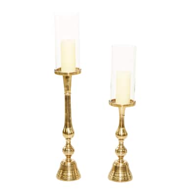Aluminum Metal Hurricane Lamp - Set of 2 Gold - Roche River Decor - 5"W x 5"L x 32"H
