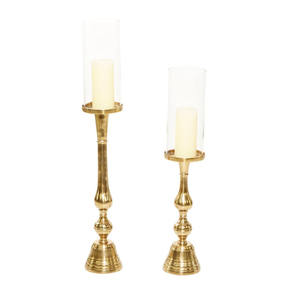 Aluminum Metal Hurricane Lamp - Set of 2 Gold - Roche River Decor - 5"W x 5"L x 32"H