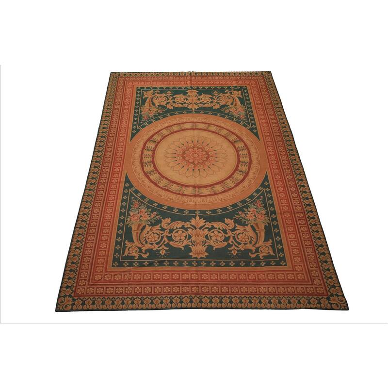 7'4''x11'7'' Hand Woven Wool Teal French Needlepoint Flatweave Area Rug - 7' 4'' x 11' 7''