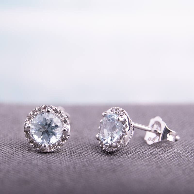Miadora 10k White Gold Aquamarine and Diamond Halo Earrings (H-I, I2-I3) - Blue