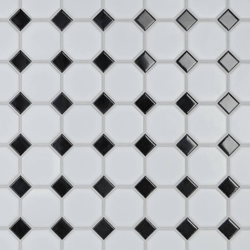 Merola Tile Metro Octagon Matte White w/Black Dot 11.5" x 11.5" Porcelain Mosaic