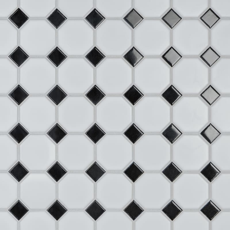 Merola Tile Metro Octagon Matte White w/Black Dot 11.5" x 11.5" Porcelain Mosaic