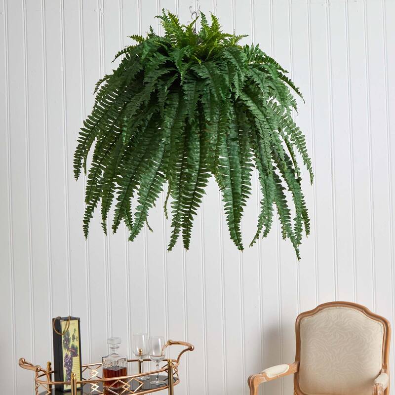 Artificial Hanging Fern Plant Indoor - 39" Tall Metal Bowl Planter - Realistic Fake Tree Decor - Green