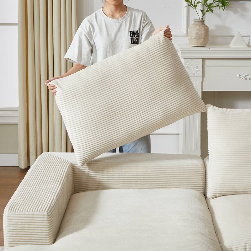 L-Shaped Sectional Sofa with Chaise Lounge, Corduroy Upholstered Boneless Couch, Module Corner Sofa with 3 Pillows