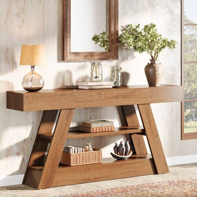 63-Inch Console Table, Wooden Entryway Table with Storage Shelves