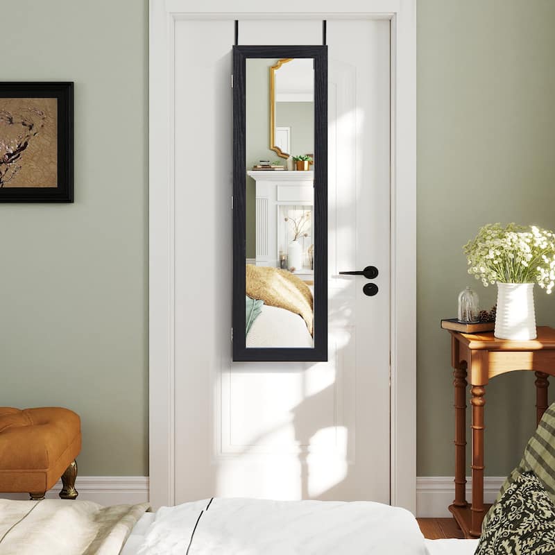 Wall Mounted or Door Hanging Jewelry Cabinet with Full Length Mirror and Large Storage Organizer Black - 12.5” x 3.7” x 42”
