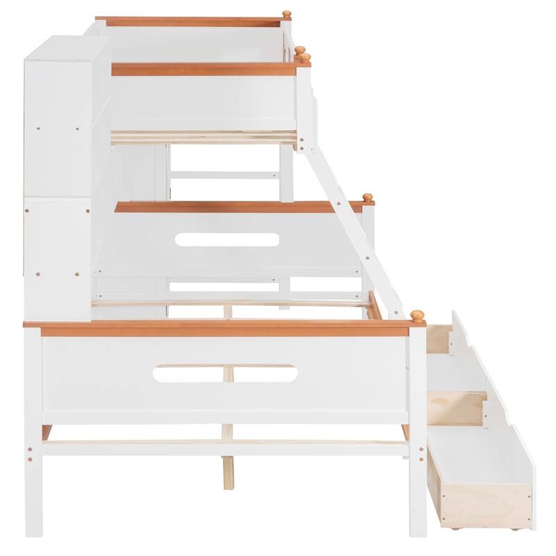 Twin Over Full Wooden Bunk Bed With Wardrobe, Drawers, Shelves And Led Light