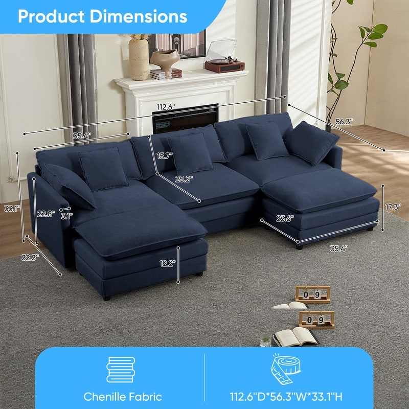 Mixoy 113''U-Shaped Modular Sectional Sofa, 5-Seat Cloud Couch with 2 Ottomans,Modern Chenille Sleeper Sofa,Deep Seat Couches