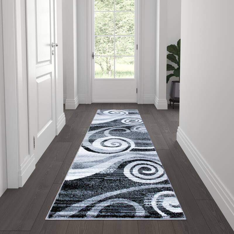 Modern Swirl Design Olefin Area Rug - 2' x 7' - Grey