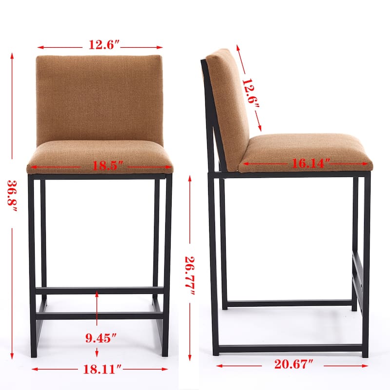 Counter Height Bar Stools Set of 2, Linen Upholstered Accent Chair, Kitchen Island Stools with Back & Footrest
