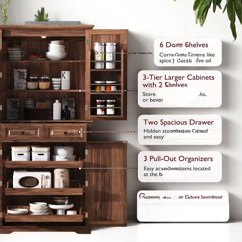 Farmhouse 71" Pantry Cabinet with 3 Slide-Out Organizers, 6 Door Shelves, Adjustable Storage for Kitchen