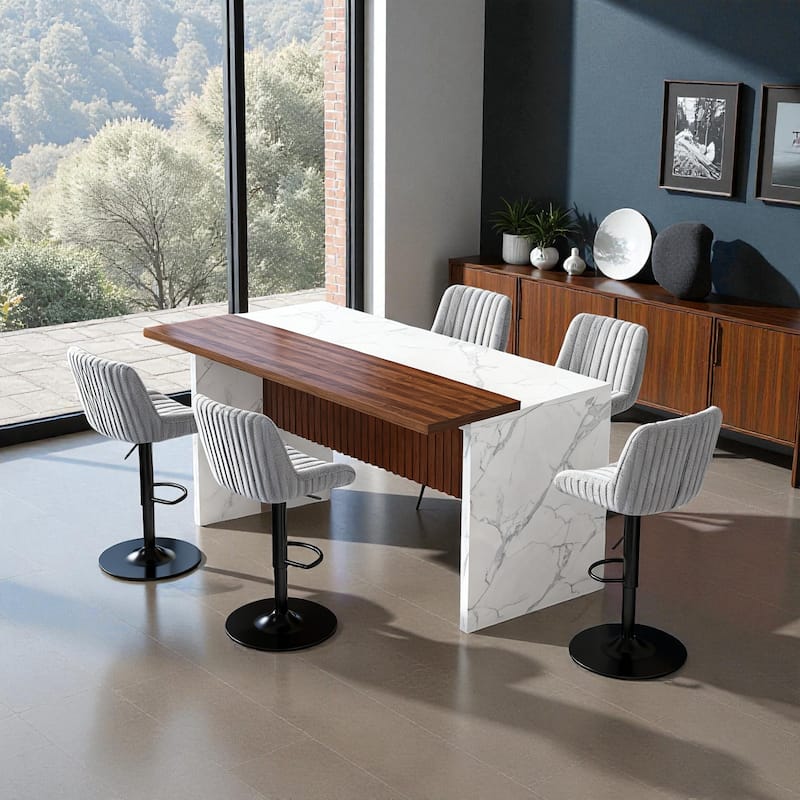 63" Modern Kitchen Island with Marble-Look Countertop, LED Lights, and Grille Design for Dining Room