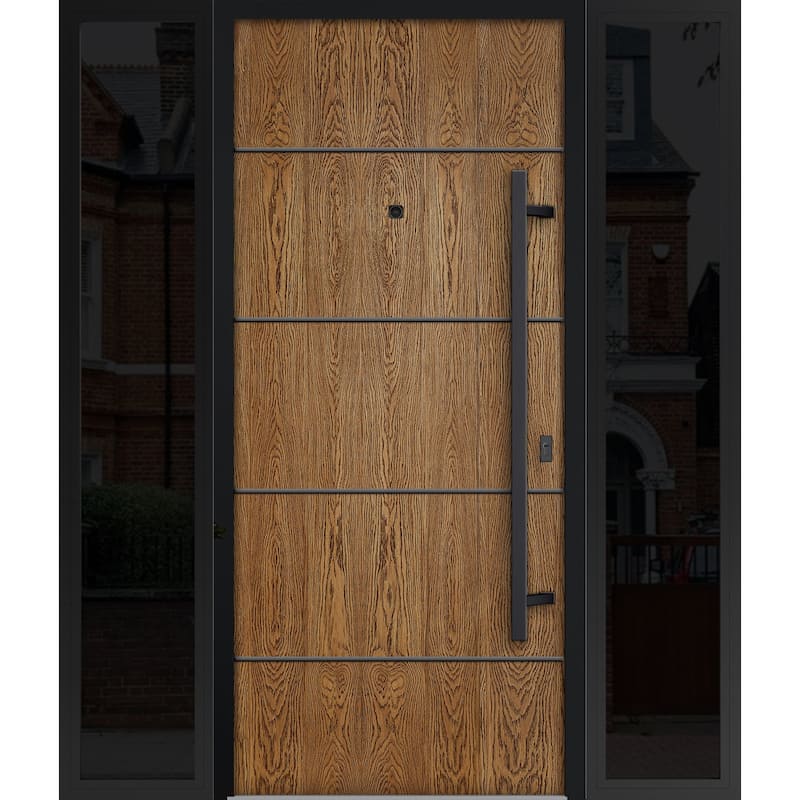 Exterior Prehung Steel Entry Door 0131 Black Enamel 2 Sidelites Top Window Stainless Steel Inserts W16+36+16xH80+16 - Beige - 64" x 80"
