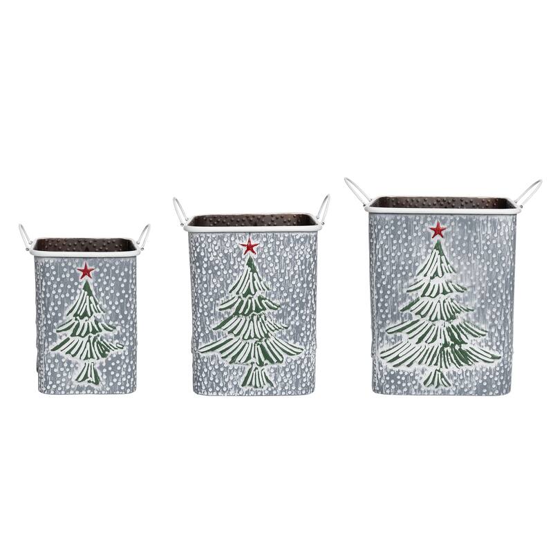Transpac Metal 15.25 in. Off-White Christmas Nested Snowy Tree Baskets Set of 3