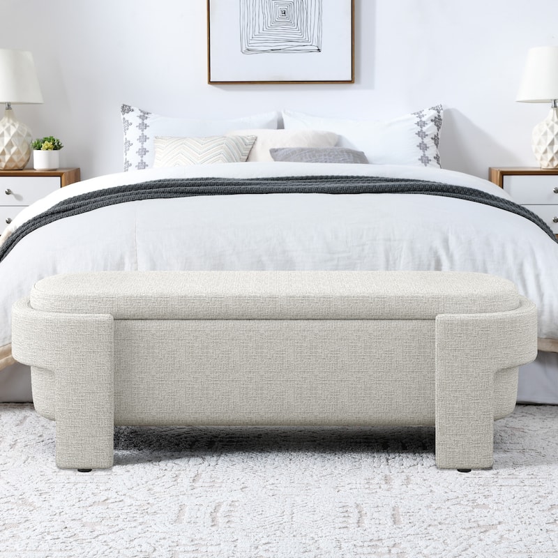 Linen Fabric Upholstered Bench with Large Storage Space for the Living Room, Entryway and Bedroom,Beige stripe