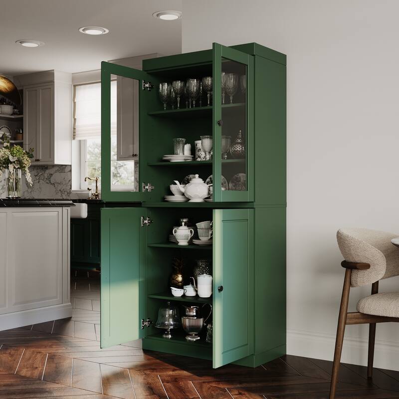 Palace Imports 100% Solid Wood Pantry Cabinet, Raised Panel & Clear Glass Doors, Adjustable Shelves, 32" Wide, 71.5" Tall
