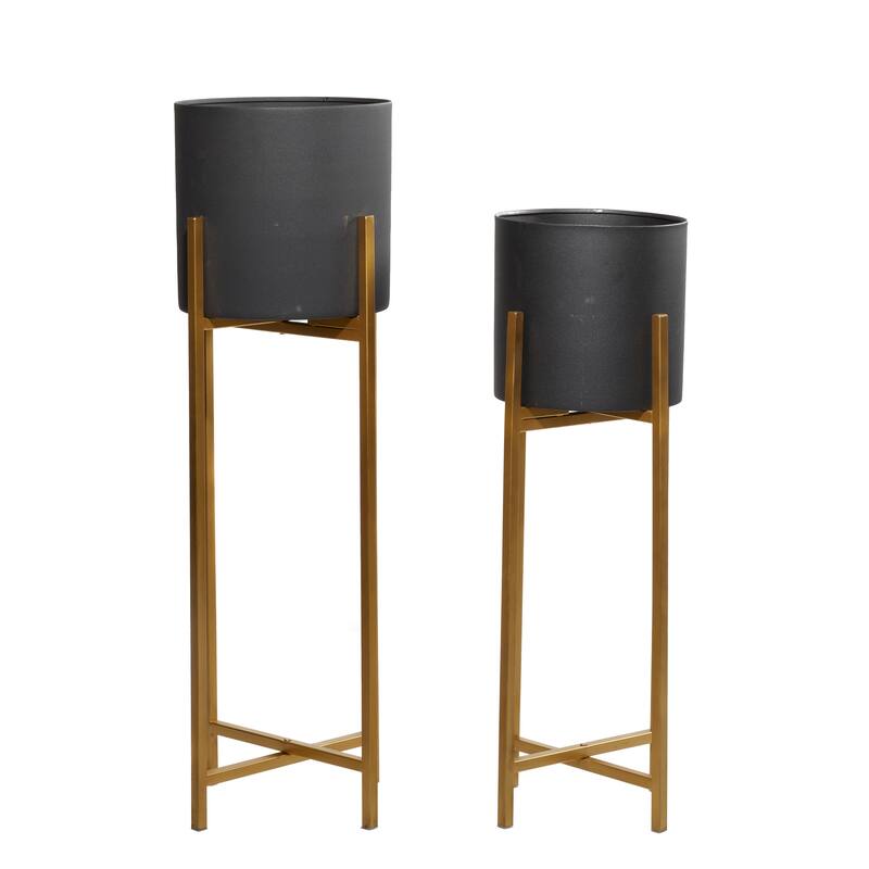 Black Metal Indoor Outdoor Planter with Removable Gold Stand (Set of 2)