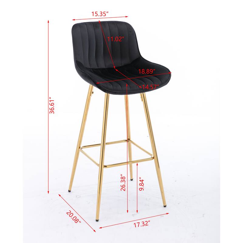 26 Inch Set of 2 Bar Stools,with Chrome Footrest Velvet Fabric Counter Stool Golden Leg Simple Bar Stool