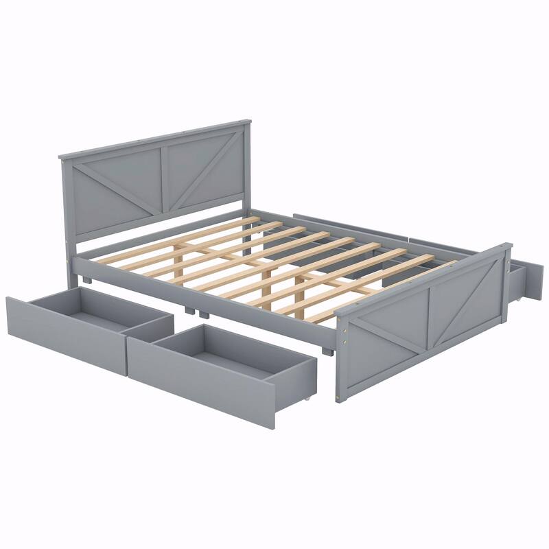 Wooden Platform Bed with Four Storage Drawers and Support Legs