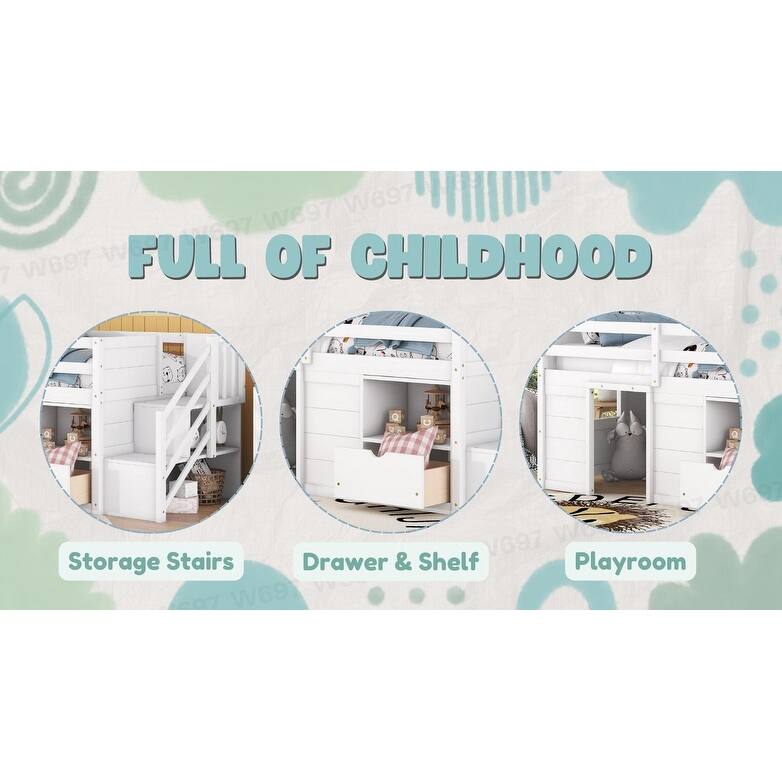 Low Loft Bed with Stair & Playroom for Kids Wooden Twin Size Storage Bed with Drawer, Shelves, Window and Safety Guardrails