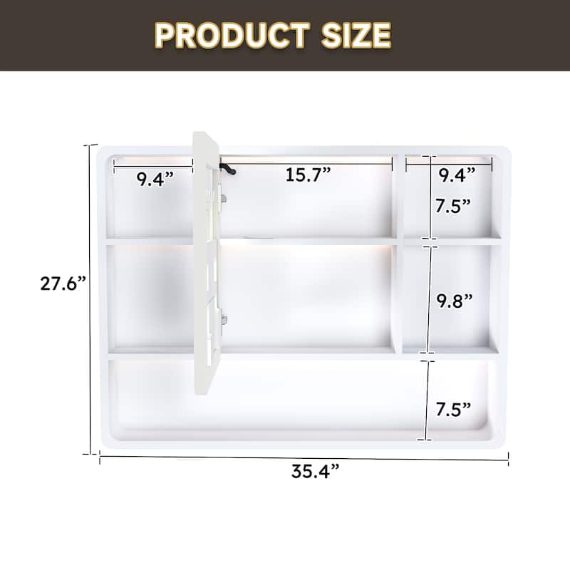 35 x 28 Inches Aluminium Medicine Cabinet with LED Light, Defogging Mirror, and Hair Dryer Holder