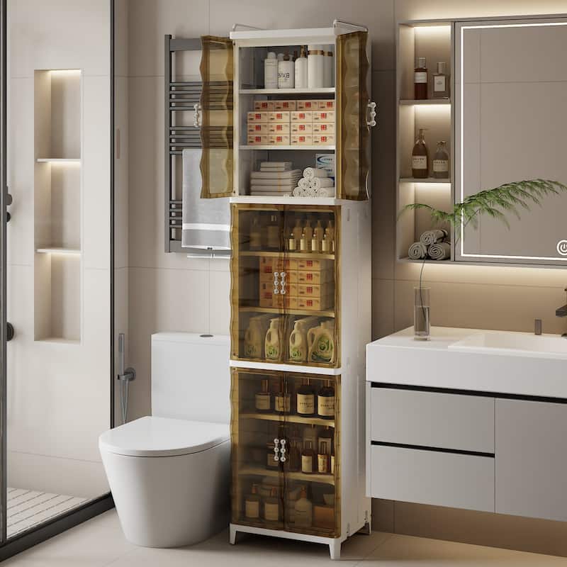 VECELO 2/3-Tier Plastic Storage Cabinet with Transparent Tea-Colored Doors Quick No-Tools Assembly Multi-Purpose Organization