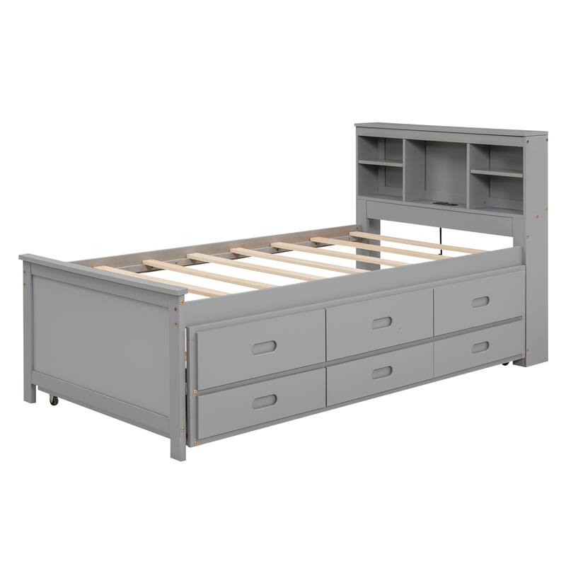 Twin Size Pine Wood Platform Bed Frame with 3 Drawers & Trundle