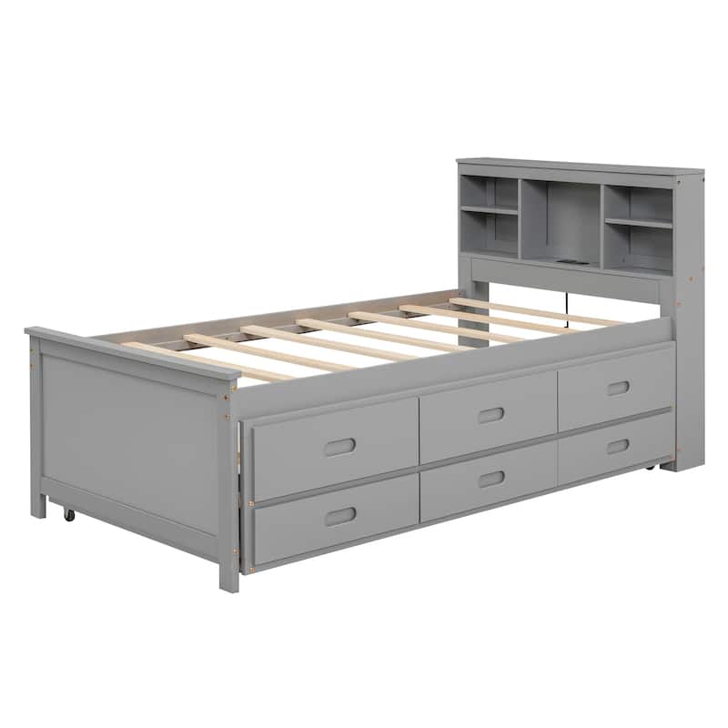 Twin Size Solid Wood Platform Bed with Storage Headboard, USB and 3 Drawers, Pull-out Trundle Bed and Daybed for Bedroom