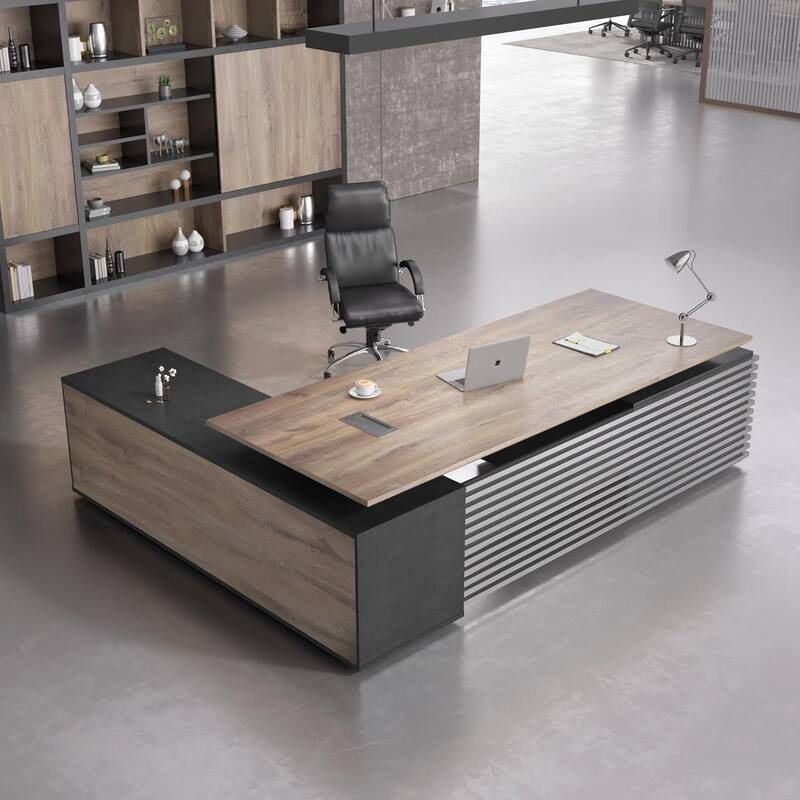L-Shaped Executive Desk Adjustable Height with Universal Charging Ports Drawers and Cable Management