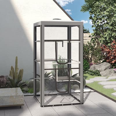 Grey-White-Black Metal Cat House with 3 Platforms and Outdoor Stability