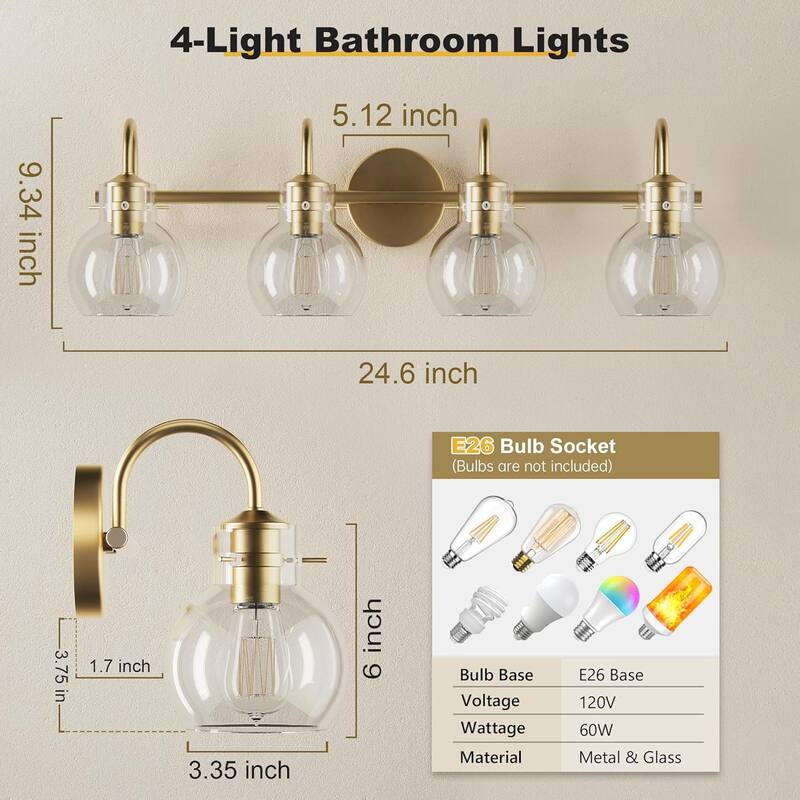 Modern 2/3/4 Bathroom Vanity Lights Clear Globe Glass Shade