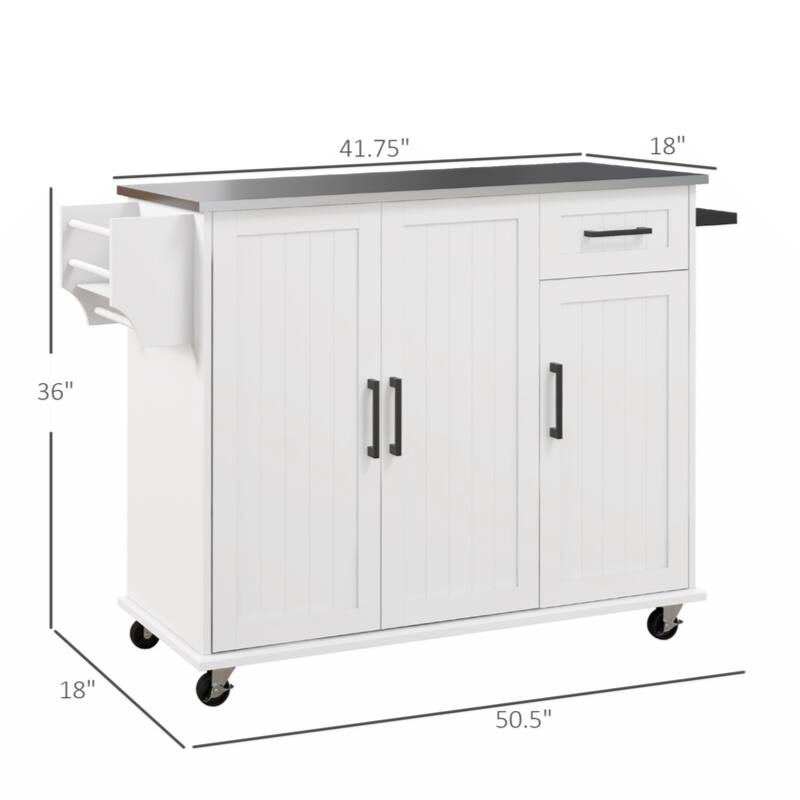 Kitchen Island with Storage, Rolling Kitchen Island on Wheels with Drawer, 3 Cabinets,Spice Rack and Towel Rack, White