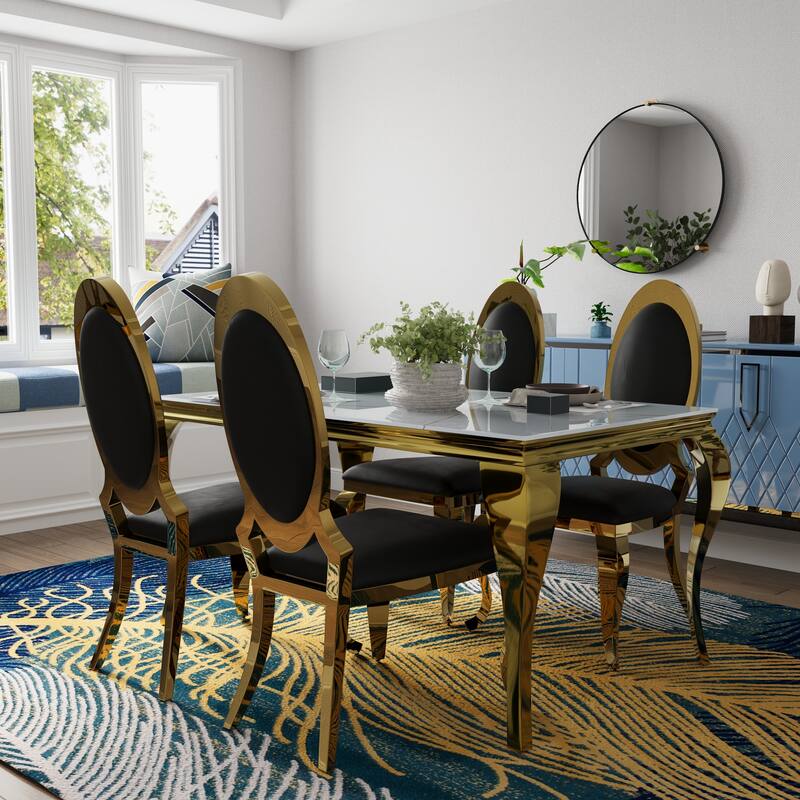 Luxury White Glass Dining Room Table Set with PU Leather Dining Chairs - Black - Table with 4 Chairs