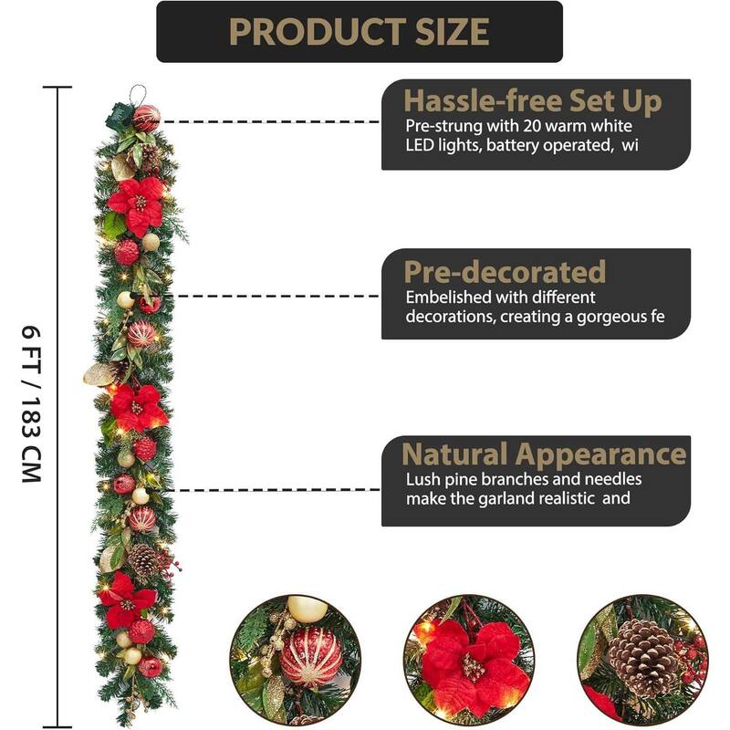 6ft Pre-Lit Outdoor Christmas Garlands with LED Lights Red Gold Balls Flowers - N/A