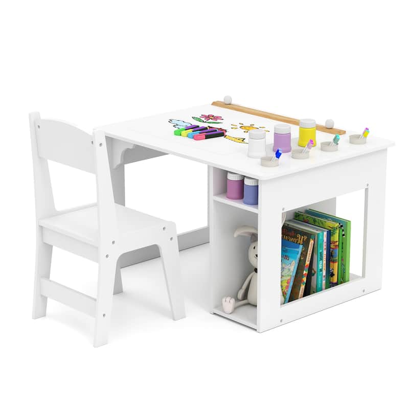 Gymax Kid's Art Table & Chair Set w/ Paper Roll 4 Paint Cups & 2 - White