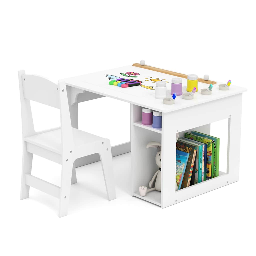 Gymax Kid's Art Table & Chair Set w/ Paper Roll 4 Paint Cups & 2
